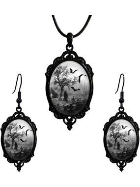 Vintage Gothic Raven Bat Witch Jewelry Set Cameo Necklace Earrings-B3:Black Bat